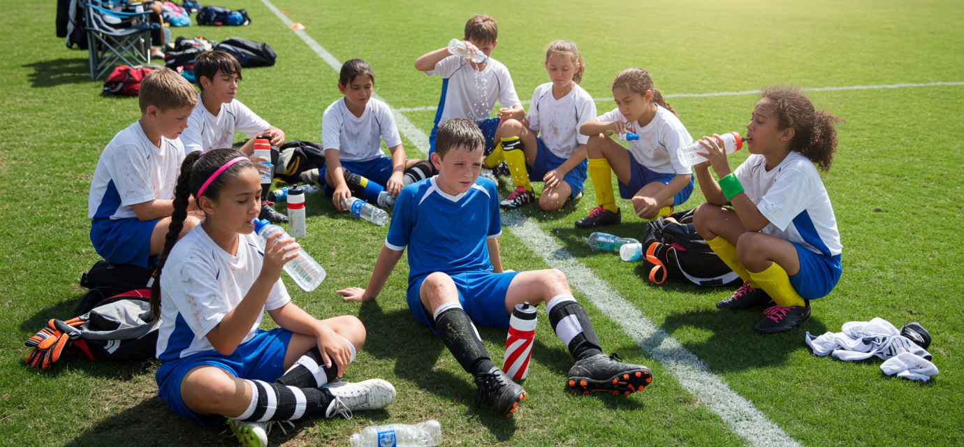 Youth soccer players taking a water break on a sunny green field