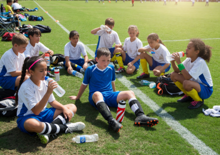 Youth soccer players taking a water break on a sunny green field