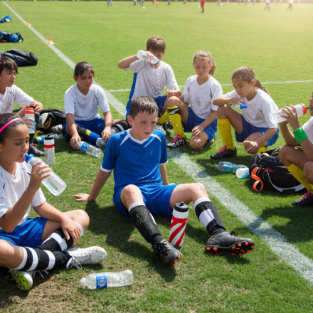Youth soccer players taking a water break on a sunny green field