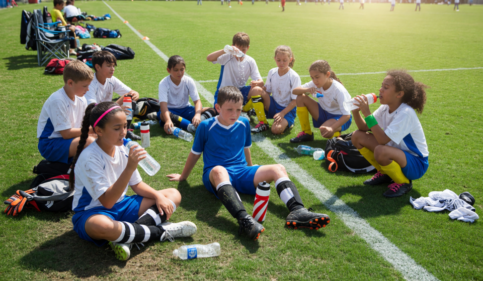 Youth soccer players taking a water break on a sunny green field