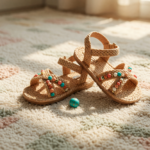 Tan toddler raffia-strap sandals with small decorative beads on a nursery rug, one bead lying loose beside a shoe