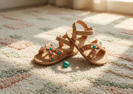 Tan toddler raffia-strap sandals with small decorative beads on a nursery rug, one bead lying loose beside a shoe
