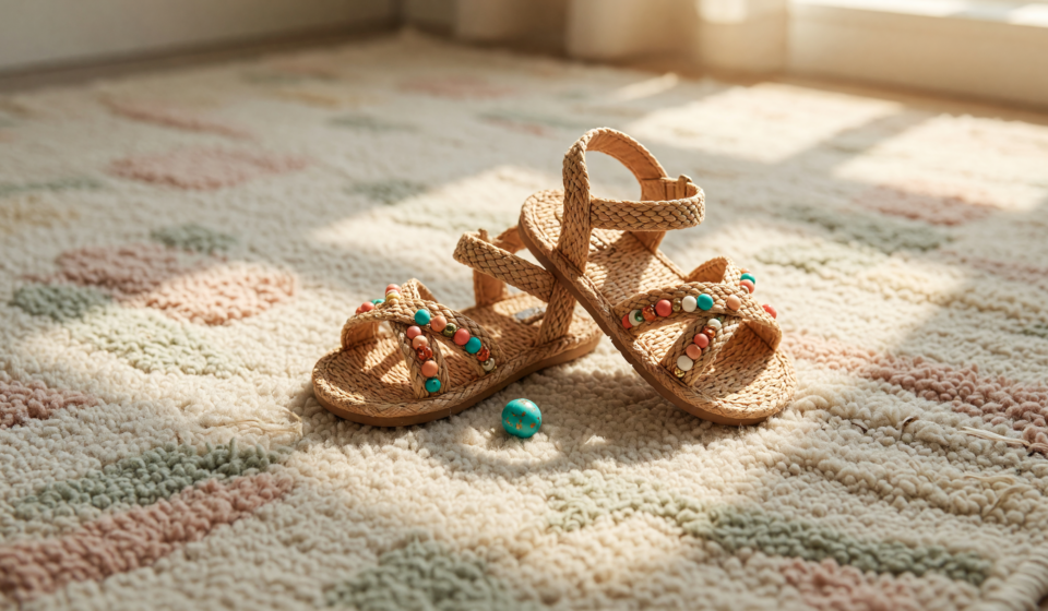 Tan toddler raffia-strap sandals with small decorative beads on a nursery rug, one bead lying loose beside a shoe