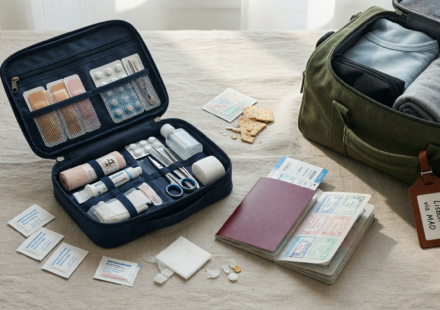 Open compact travel first-aid kit with supplies and medications next to a passport and packed travel bag
