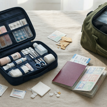 Open compact travel first-aid kit with supplies and medications next to a passport and packed travel bag