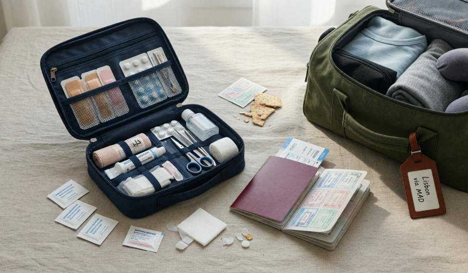 Open compact travel first-aid kit with supplies and medications next to a passport and packed travel bag