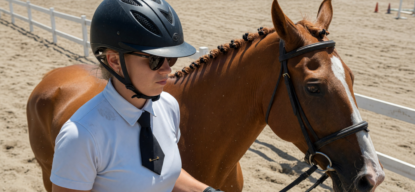 Equestrian rider wearing a ventilated riding helmet on horseback in an arena