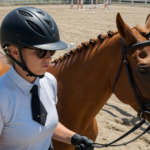 Equestrian rider wearing a ventilated riding helmet on horseback in an arena