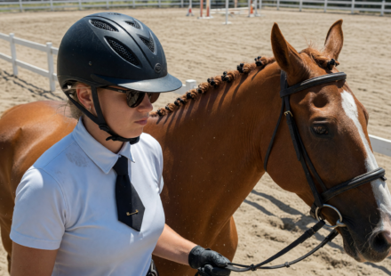 Equestrian rider wearing a ventilated riding helmet on horseback in an arena