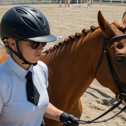Equestrian rider wearing a ventilated riding helmet on horseback in an arena