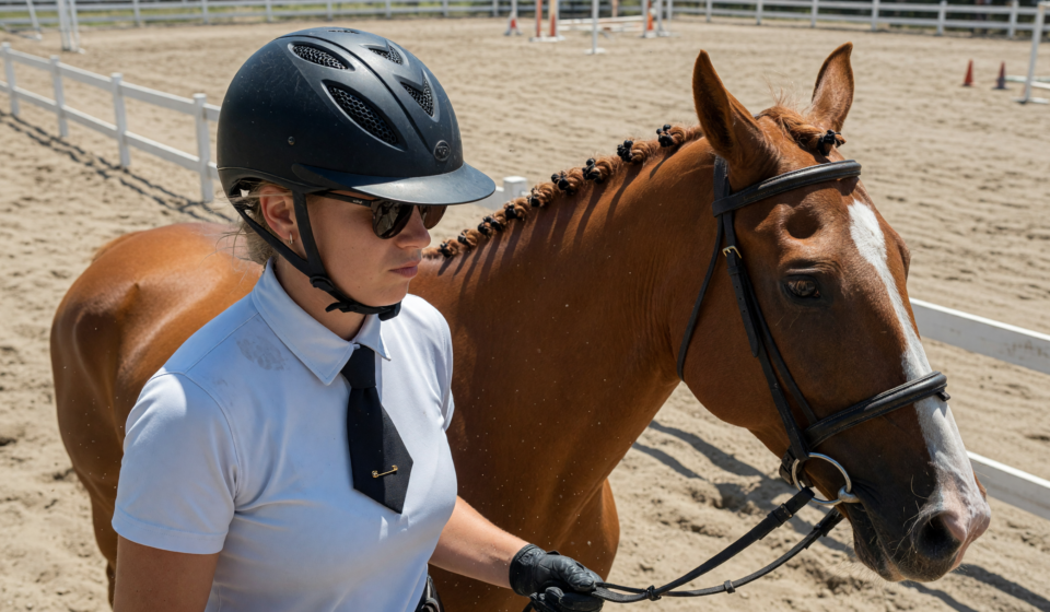 Equestrian rider wearing a ventilated riding helmet on horseback in an arena