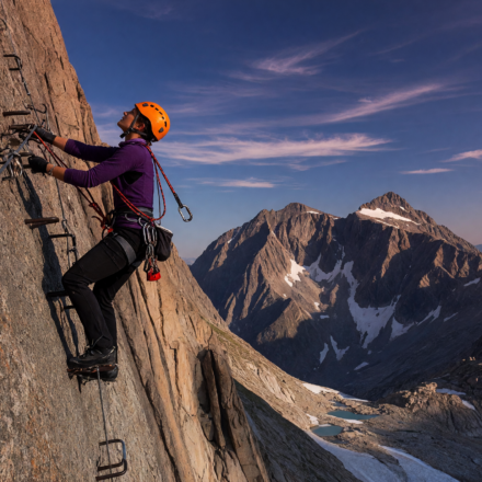 Climber on a via ferrata clipped to a steel cable on a mountain cliff