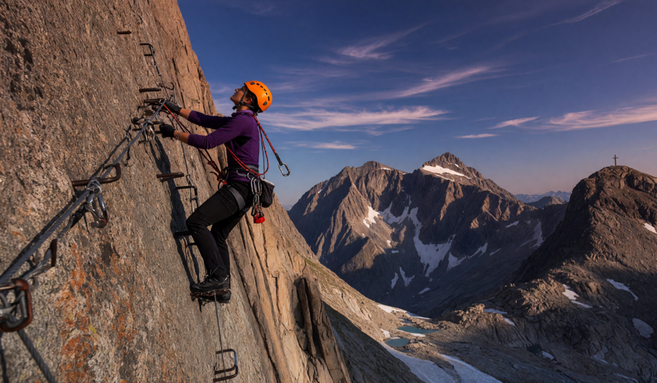 Climber on a via ferrata clipped to a steel cable on a mountain cliff