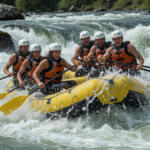 Rafting team in helmets and PFDs paddling through whitewater rapids