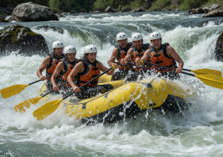 Rafting team in helmets and PFDs paddling through whitewater rapids