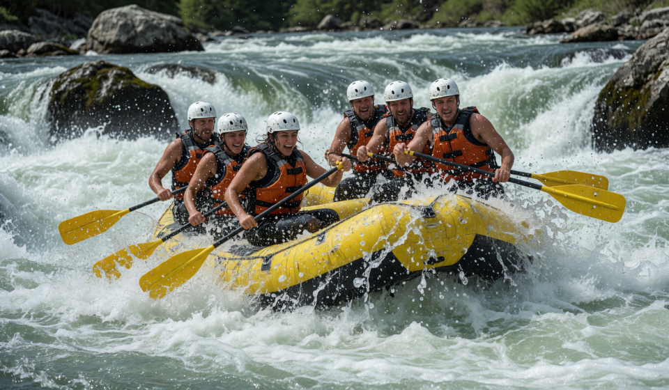 Rafting team in helmets and PFDs paddling through whitewater rapids