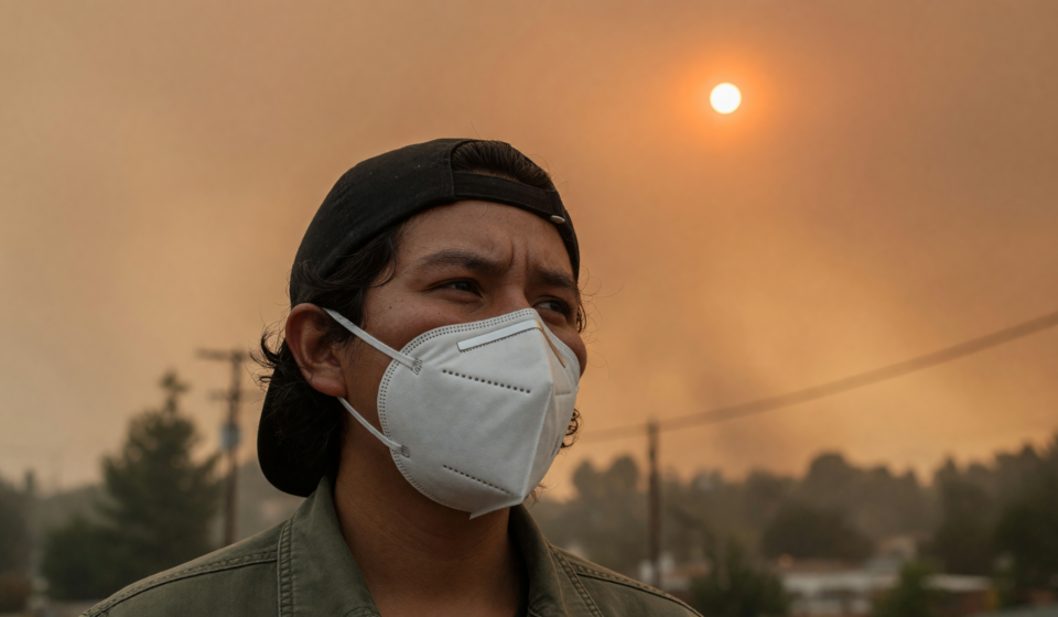 Person wearing a white N95 respirator outdoors under a hazy orange wildfire-smoke sky with a dim sun