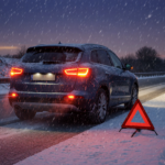 Car pulled safely onto a snowy roadside at dusk with hazard lights and a reflective warning triangle in falling snow