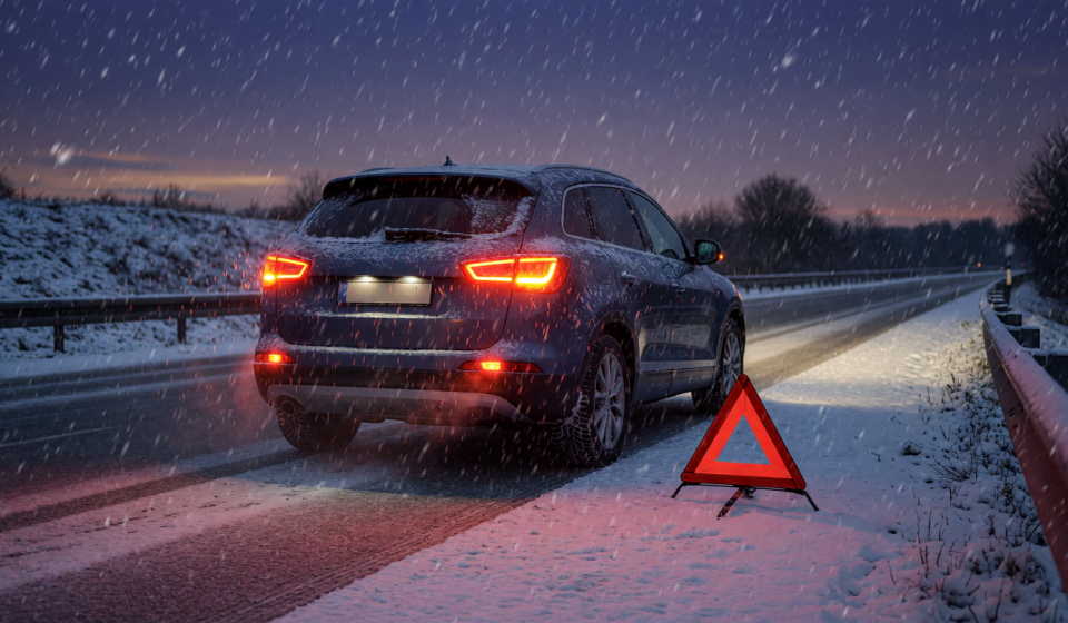 Car pulled safely onto a snowy roadside at dusk with hazard lights and a reflective warning triangle in falling snow
