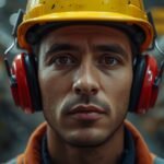 Industrial worker in a hard hat and red earmuff hearing protection on a loud factory floor