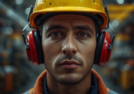 Industrial worker in a hard hat and red earmuff hearing protection on a loud factory floor