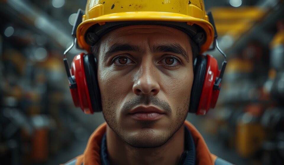 Industrial worker in a hard hat and red earmuff hearing protection on a loud factory floor