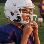 Youth football player on a practice field at golden hour adjusting the chin strap of a modern white football helmet