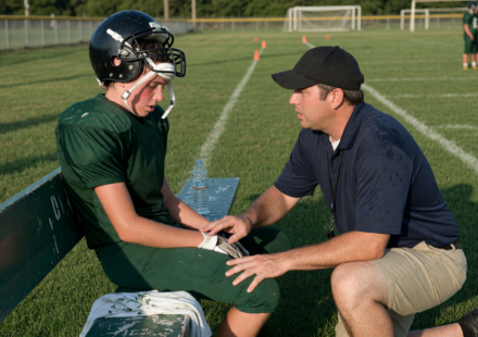 Youth athlete in a helmet on the sideline bench while a coach kneels to check on them