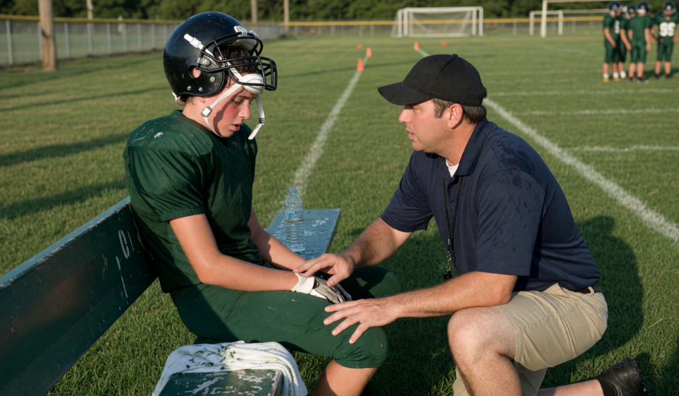 Youth athlete in a helmet on the sideline bench while a coach kneels to check on them