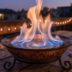 A small tabletop fire pit burning liquid alcohol fuel on a patio table at dusk