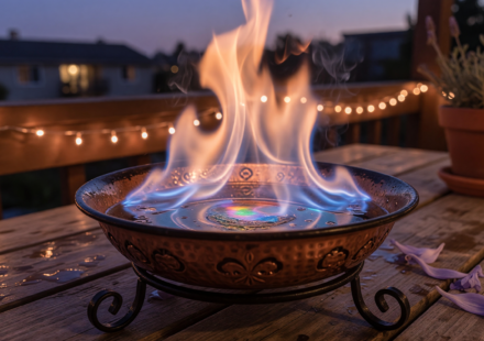 A small tabletop fire pit burning liquid alcohol fuel on a patio table at dusk