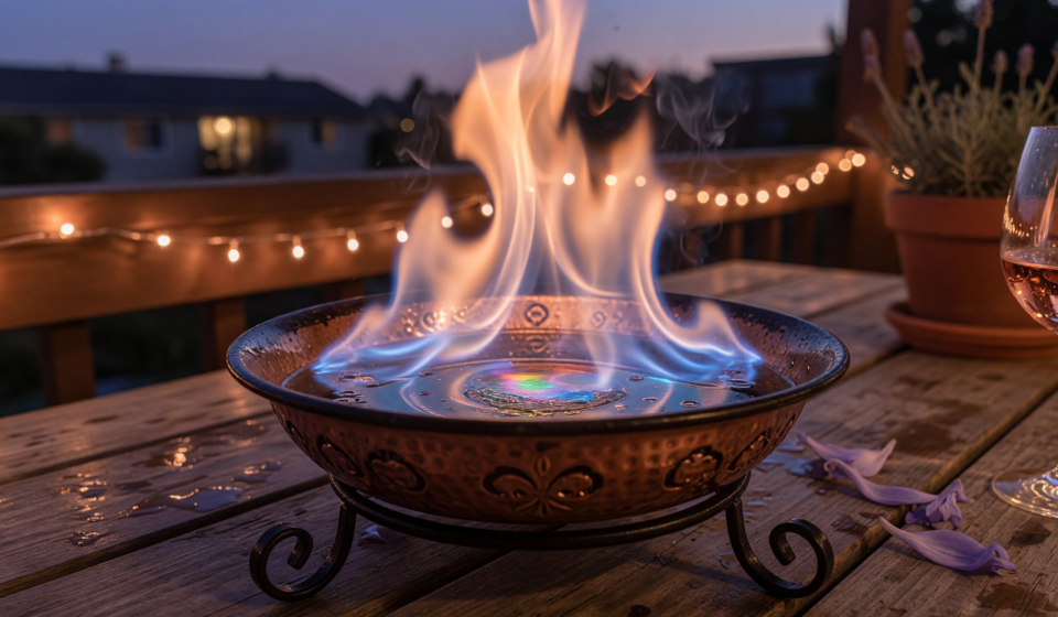 A small tabletop fire pit burning liquid alcohol fuel on a patio table at dusk