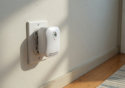 A white plug-in carbon monoxide detector in a home wall outlet, illustrating the CPSC KH158 detector warning