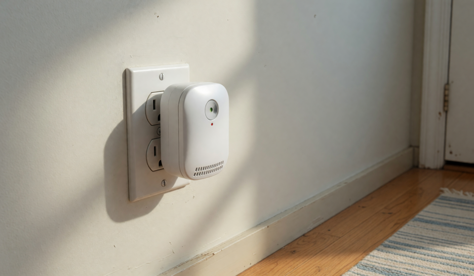 A white plug-in carbon monoxide detector in a home wall outlet, illustrating the CPSC KH158 detector warning