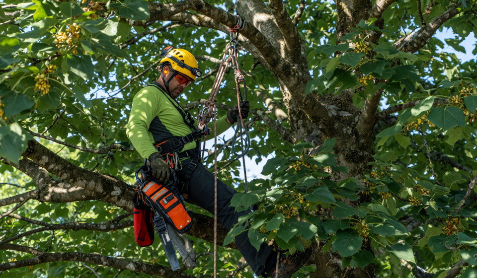 Professional arborist working high in a tree, secured by a climbing rope and harness with a helmet, illustrating climbing rope safety.