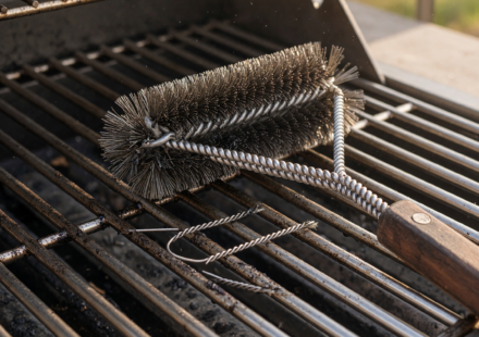 Metal wire-bristle grill brush on a barbecue grate, illustrating the Cuisinart grill brush recall over bristle ingestion hazard