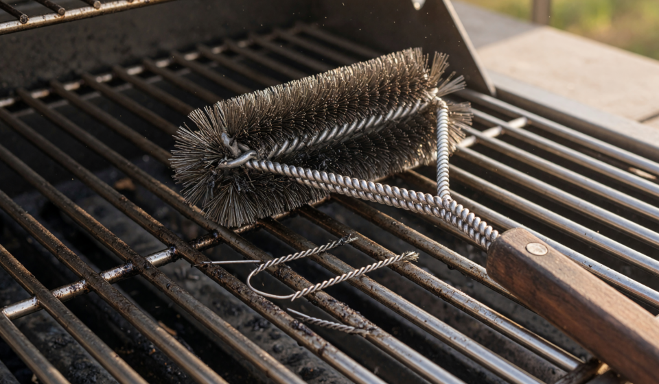 Metal wire-bristle grill brush on a barbecue grate, illustrating the Cuisinart grill brush recall over bristle ingestion hazard