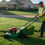 Worker in safety glasses, hearing protection and boots operating a walk-behind lawn mower