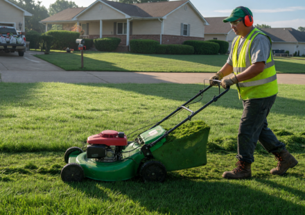 Worker in safety glasses, hearing protection and boots operating a walk-behind lawn mower