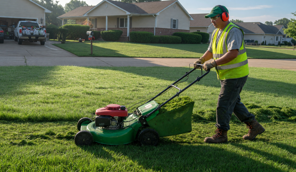 Worker in safety glasses, hearing protection and boots operating a walk-behind lawn mower