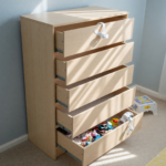 An unanchored tall dresser with open drawers against a wall, illustrating a furniture tip-over hazard to children