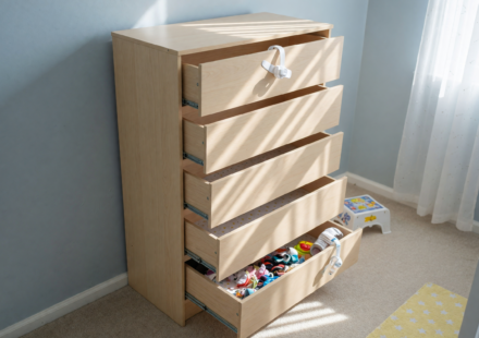 An unanchored tall dresser with open drawers against a wall, illustrating a furniture tip-over hazard to children