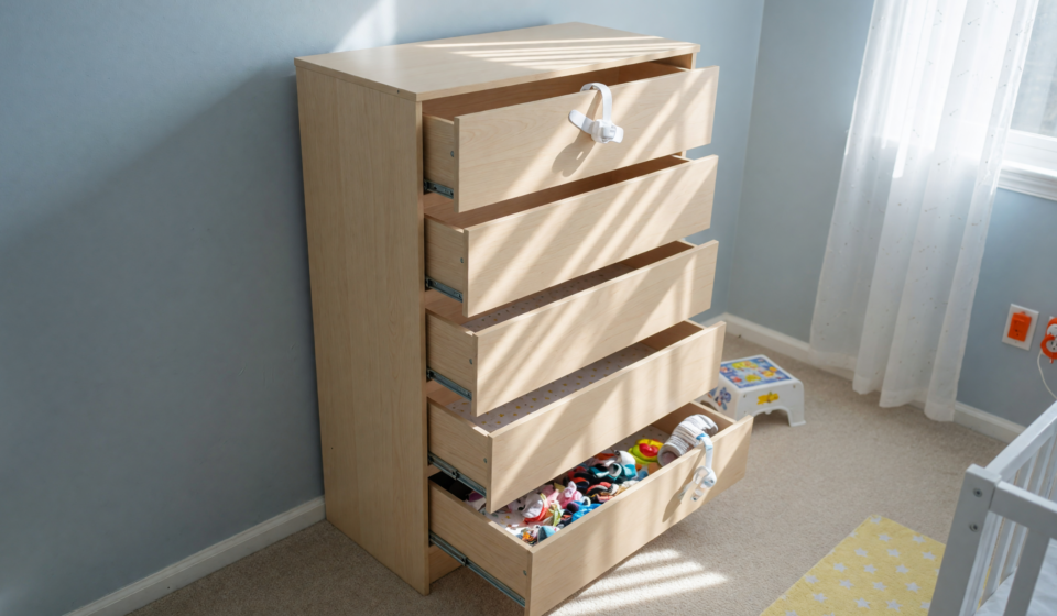An unanchored tall dresser with open drawers against a wall, illustrating a furniture tip-over hazard to children