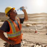 Construction worker in a hard hat and high-visibility vest drinking water under a blazing sun during an extreme heat wave
