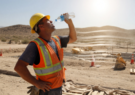 Construction worker in a hard hat and high-visibility vest drinking water under a blazing sun during an extreme heat wave