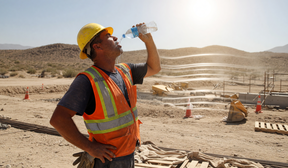 Construction worker in a hard hat and high-visibility vest drinking water under a blazing sun during an extreme heat wave