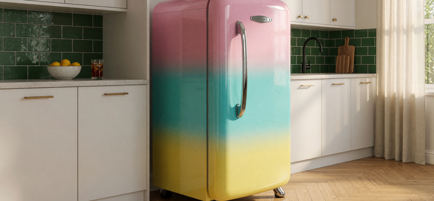 A colorful retro-style compact refrigerator in a home kitchen, illustrating the 2026 Galanz retro refrigerator recall over fire hazards