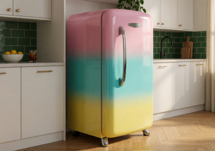 A colorful retro-style compact refrigerator in a home kitchen, illustrating the 2026 Galanz retro refrigerator recall over fire hazards