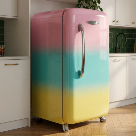 A colorful retro-style compact refrigerator in a home kitchen, illustrating the 2026 Galanz retro refrigerator recall over fire hazards