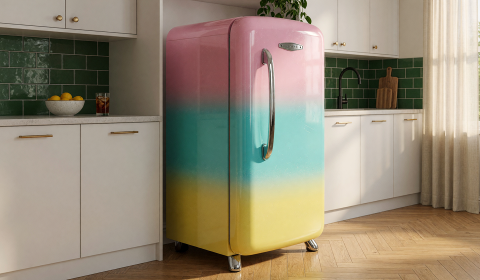 A colorful retro-style compact refrigerator in a home kitchen, illustrating the 2026 Galanz retro refrigerator recall over fire hazards